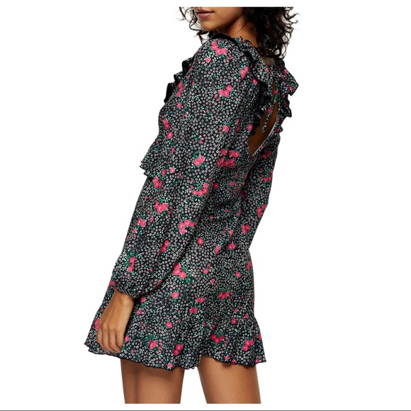 NEW TOPSHOP BLACK FLORAL PRINT MINI DRESS - Picture 6 of 8